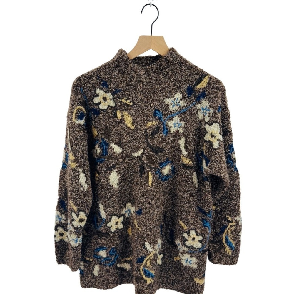 Thyme Floral Texturedâ Boucle Knit Pullover Sweater Wool Blend Brown Size M